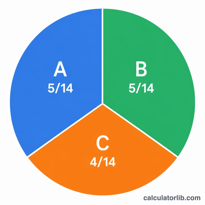 Pie chart showing win probabilities 5/14, 5/14, 4/14 for A, B, C
