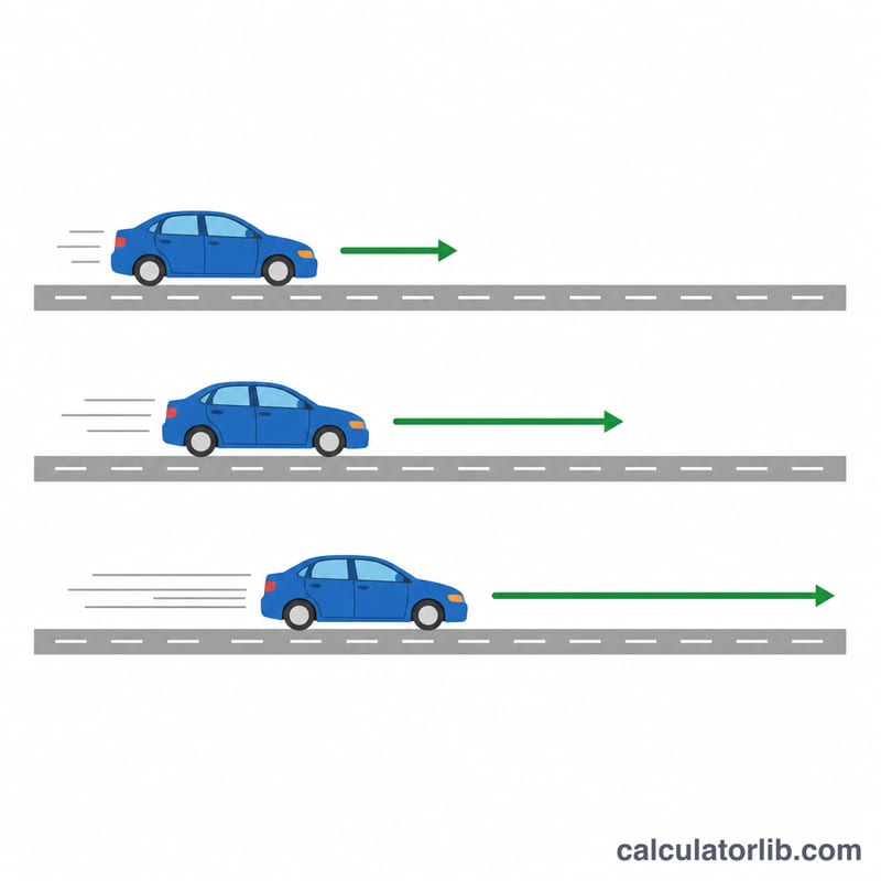 Car speeding up shown by lengthening velocity arrows over time