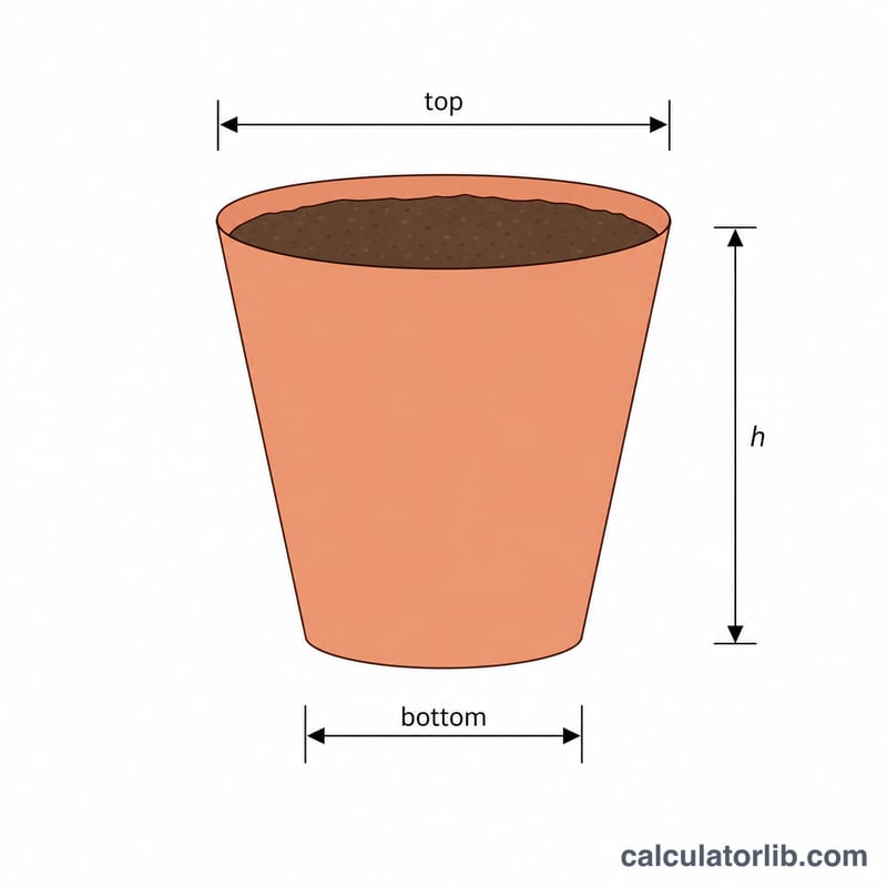 Frustum split into measurements with numeric dimensions for a worked example