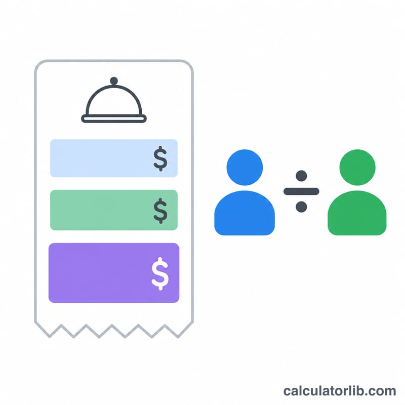Flat illustration of a restaurant bill with bill, tip and total amounts and split between people
