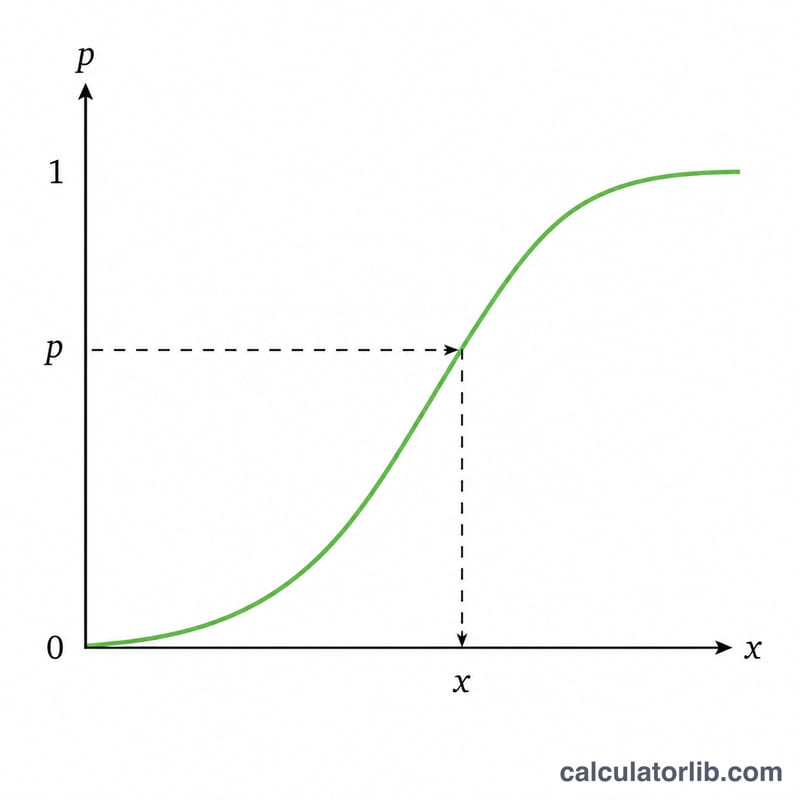 S-shaped logistic cumulative distribution function showing mapping from probability p on the vertical axis to quantile x on the horizontal axis