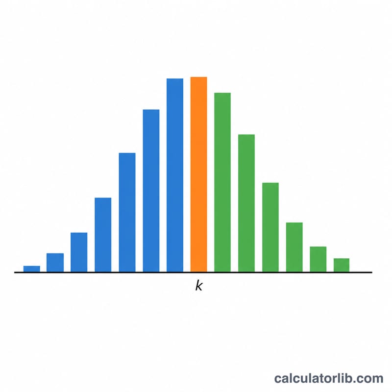 Diagram showing the regions P(X<k), P(X=k), P(X>k) on a binomial bar chart