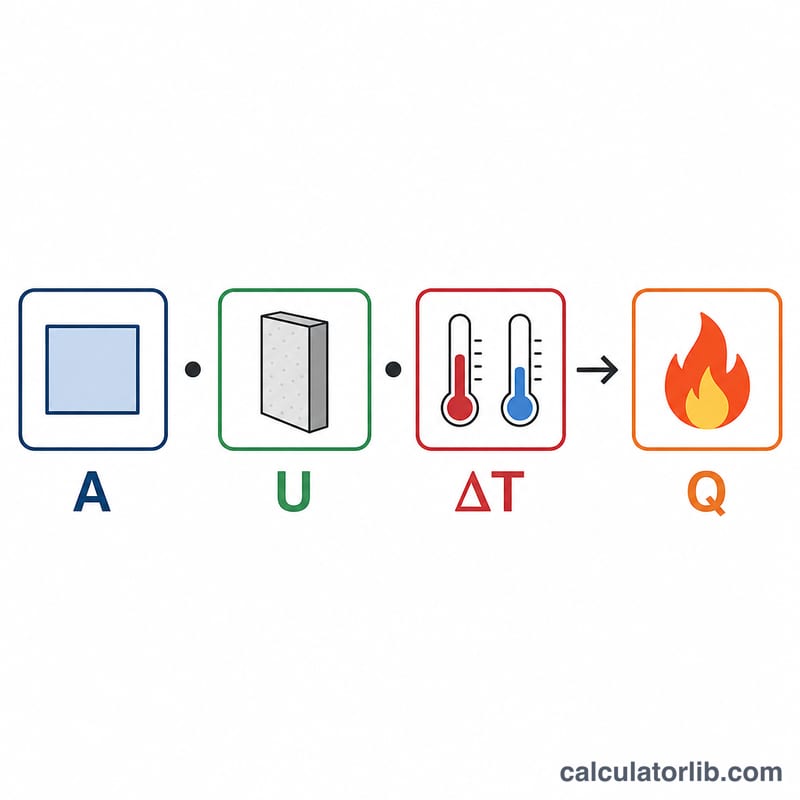 Diagram showing the heat loss formula factors: area, U-value, and temperature difference