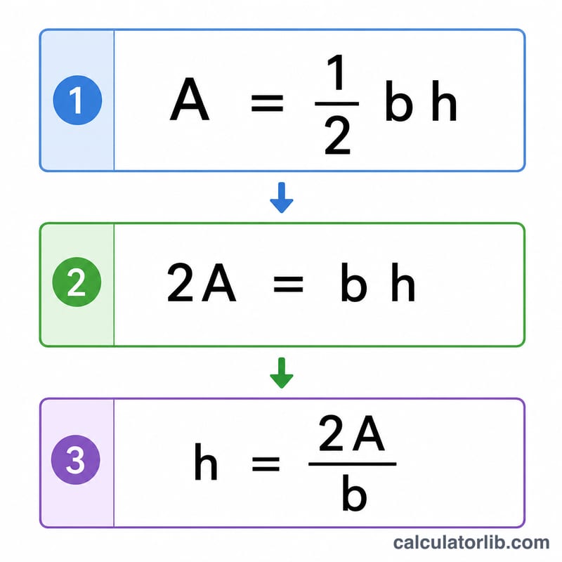 Three-step rearrangement of A equals one-half b h solved for h equals 2A over b