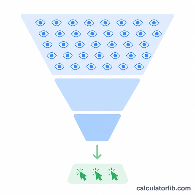 Funnel showing many impressions narrowing to fewer clicks