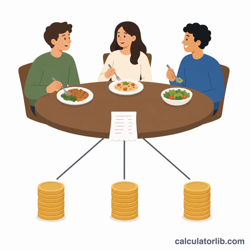 Three people at a table each paying an equal share of the check