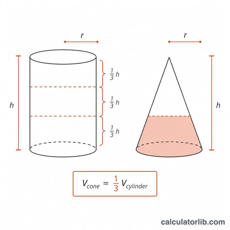 Cone fitting one third inside a cylinder of same radius and height