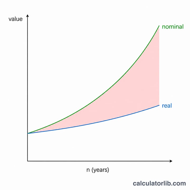 Line chart comparing nominal future value rising steeply and real future value rising more gently over years