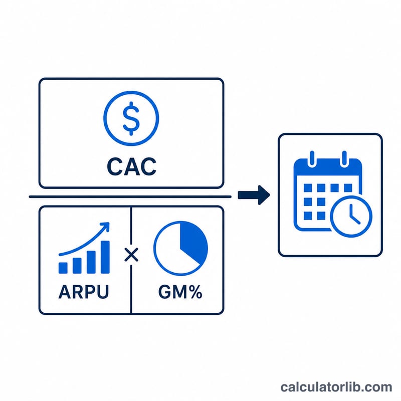 Diagram of CAC divided by ARPU times gross margin equals payback months