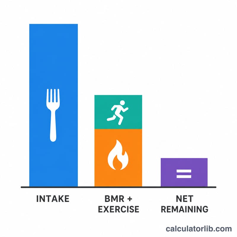 Bar chart showing intake versus BMR plus exercise and the resulting net difference