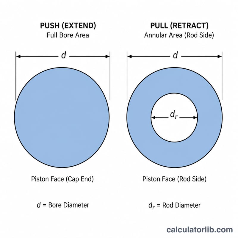 So sánh diện tích piston đầy đủ khi đẩy và diện tích vành khăn trừ cần piston khi kéo