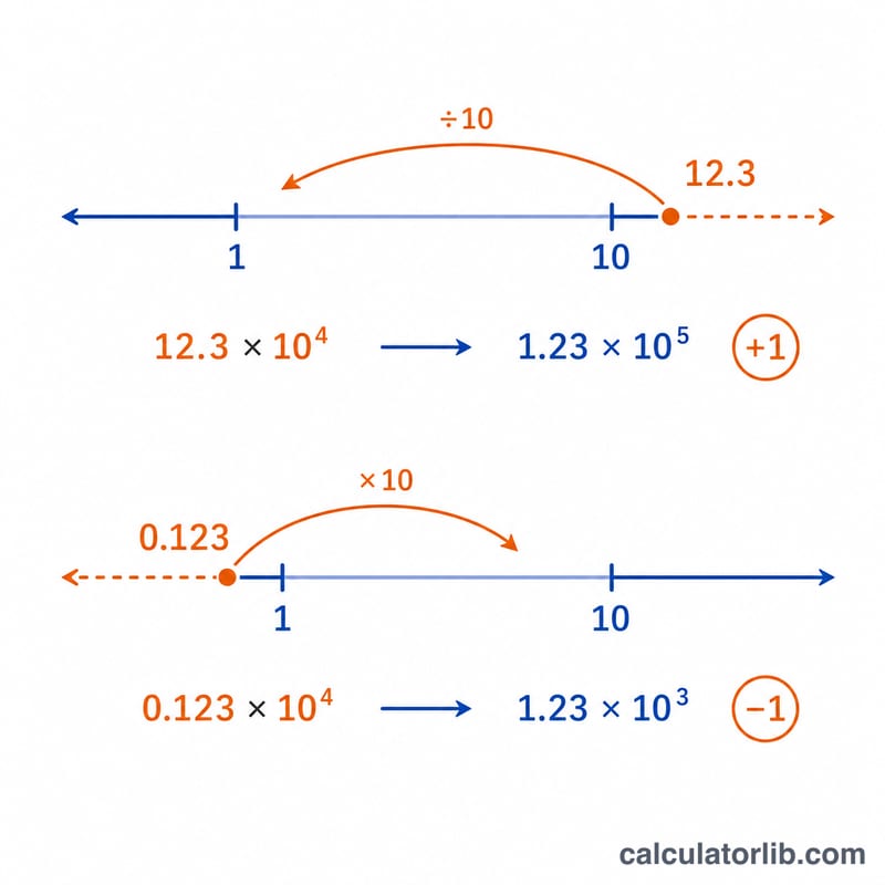 Diagram showing how a quotient coefficient is normalized into standard scientific notation