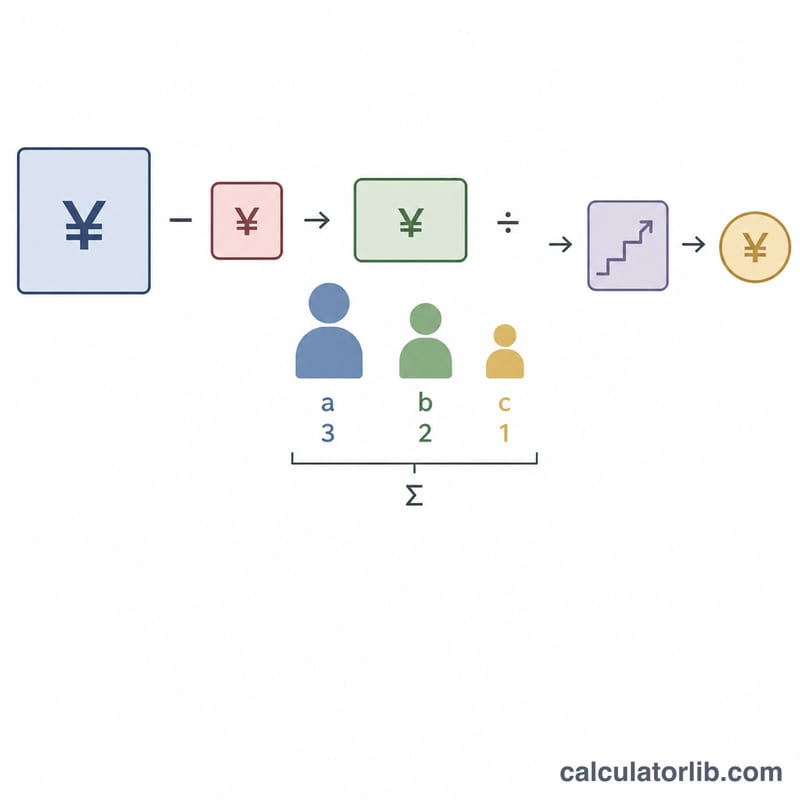 Diagram showing total minus boss extra equals remaining amount divided by weighted units, with the per-man share rounded up
