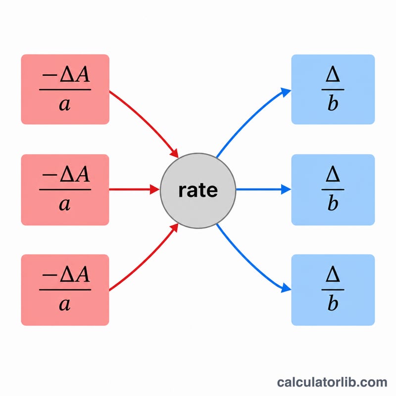 Diagram relating reaction rate to reactant and product concentration changes divided by stoichiometric coefficients