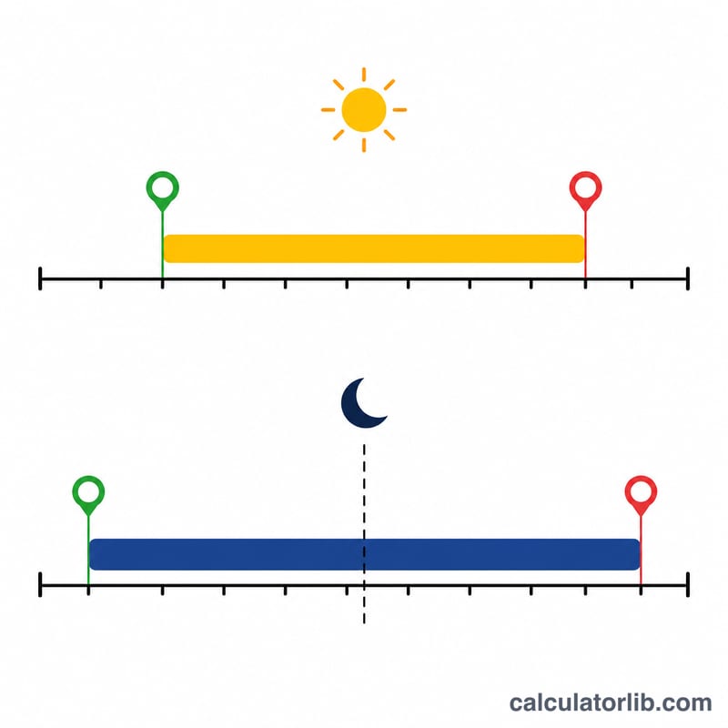 Two-row diagram contrasting a normal daytime shift with an overnight shift crossing midnight