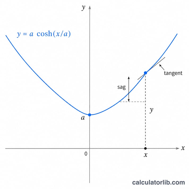 Catenary curve with labeled height y at position x, sag from the vertex, and a tangent line showing slope