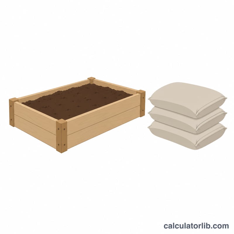 Soil bags stacked beside a raised bed representing bag count conversion