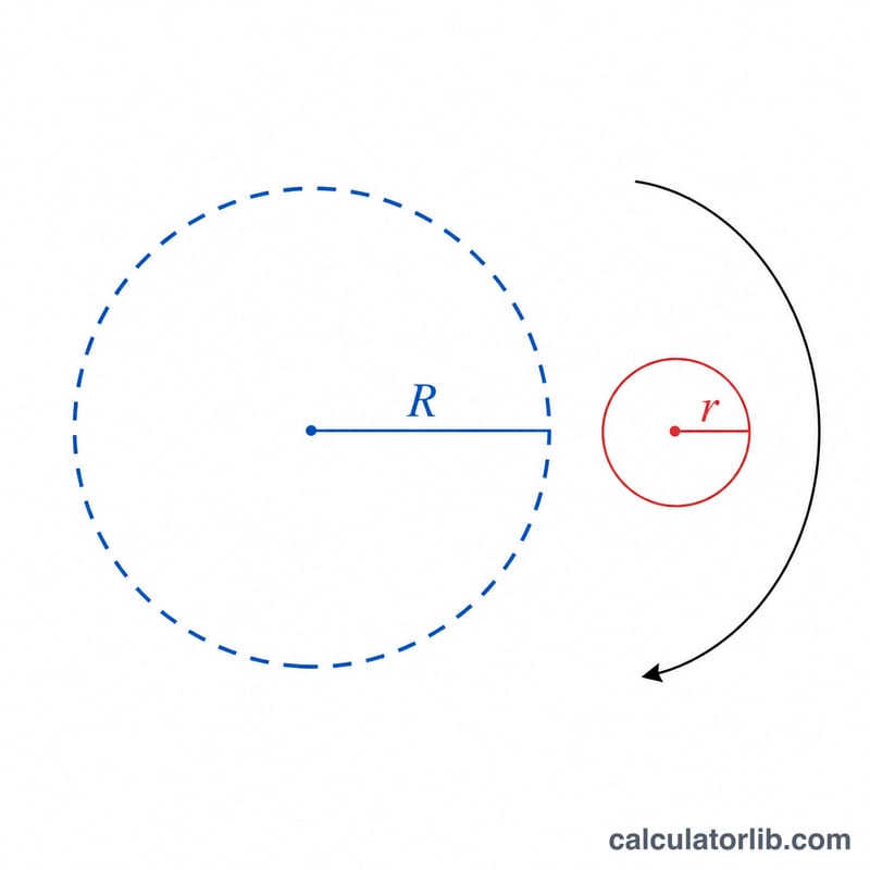 Diagram showing a small circle of radius r sweeping around a large circle of radius R to form a torus