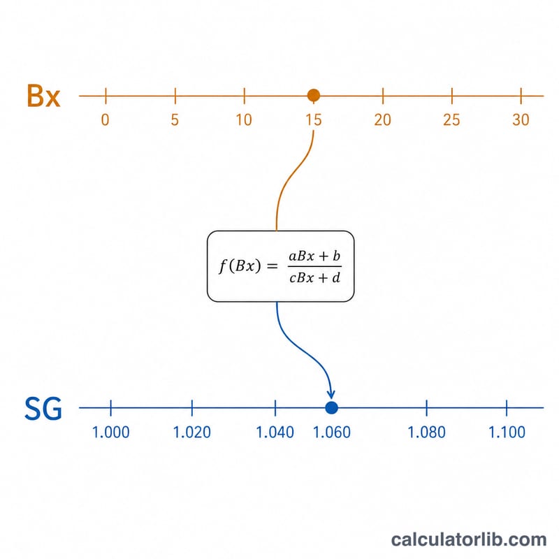 Diagram comparing a Brix value mapped to a specific gravity value on parallel number lines