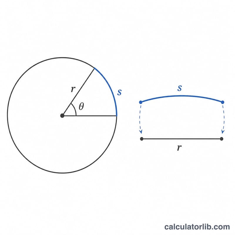 Diagram relating arc length, radius and angle showing theta equals s over r