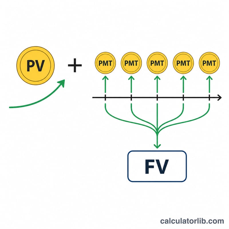 Diagram breaking the future value formula into a lump sum part and a recurring payments part