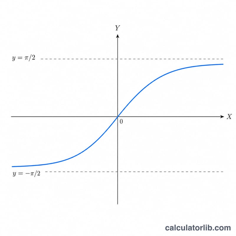 Graph of the arctangent function showing an S-shaped curve approaching horizontal asymptotes