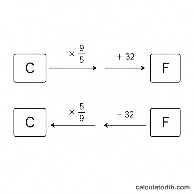 Flow diagram of multiply by 9/5 then add 32 to convert C to F and the reverse