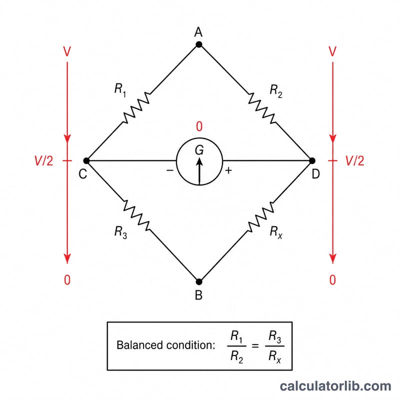 Balanced bridge condition showing galvanometer reading zero and ratio of resistor arms