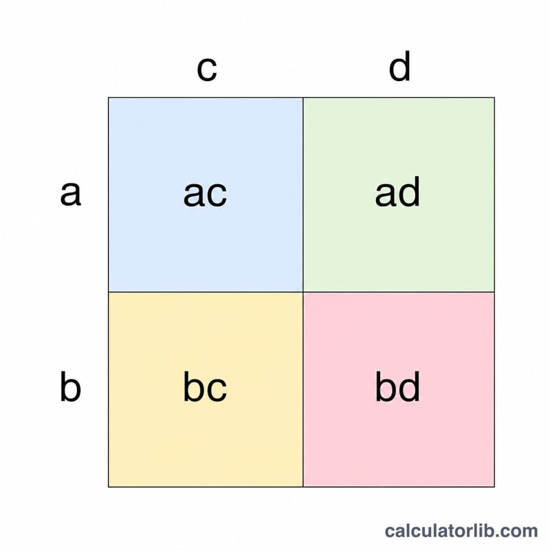 Cuadrícula de dos por dos del método de la caja que muestra los productos ac, ad, bc, bd a partir de a, b y c, d