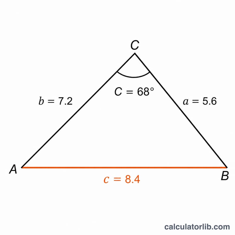 Triangle illustrating a worked law of cosines example with labeled sides and angle
