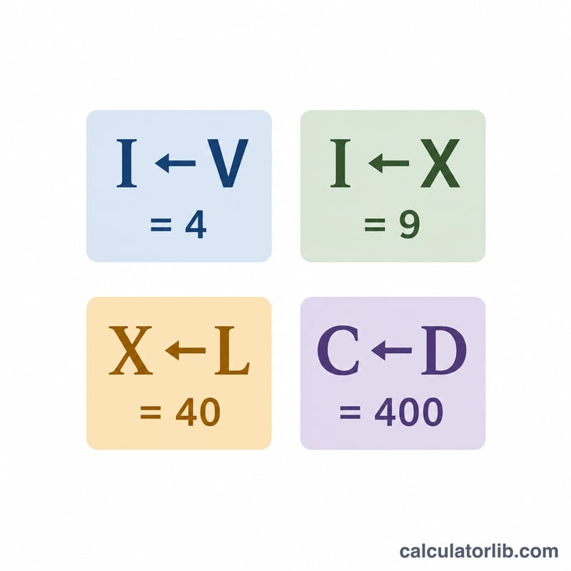 Diagram showing subtractive notation pairs like IV and IX
