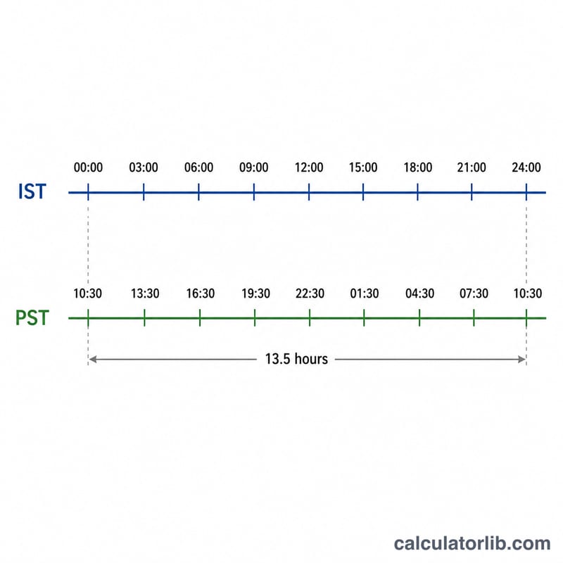 Parallel 24-hour bars showing IST shifted by 13.5 hours to PST