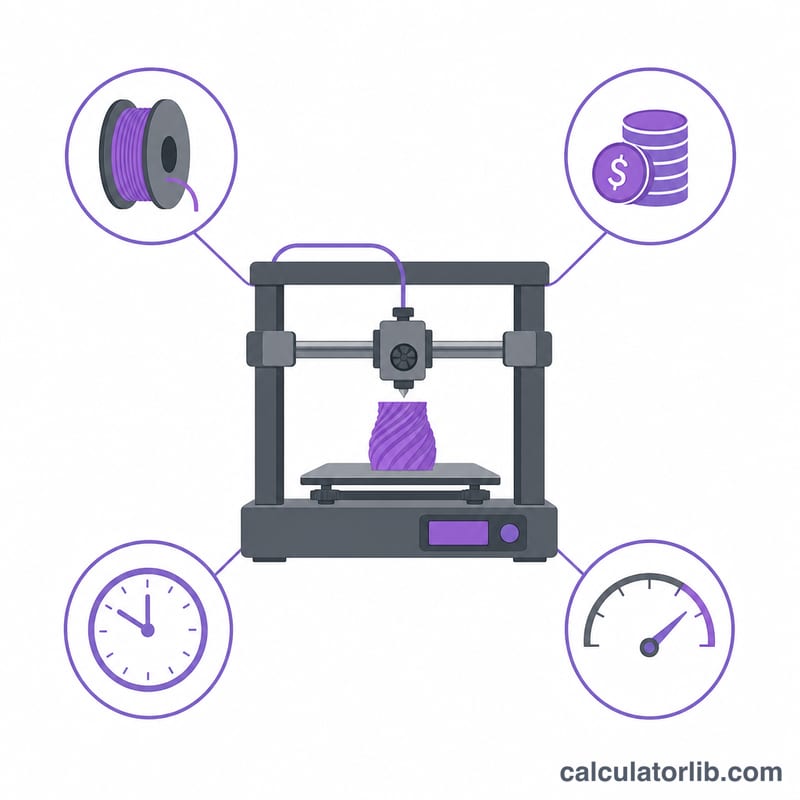 フィラメントスプール、印刷時間の時計、消費電力計がコスト結果につながる3Dプリンターのフラットなイラスト