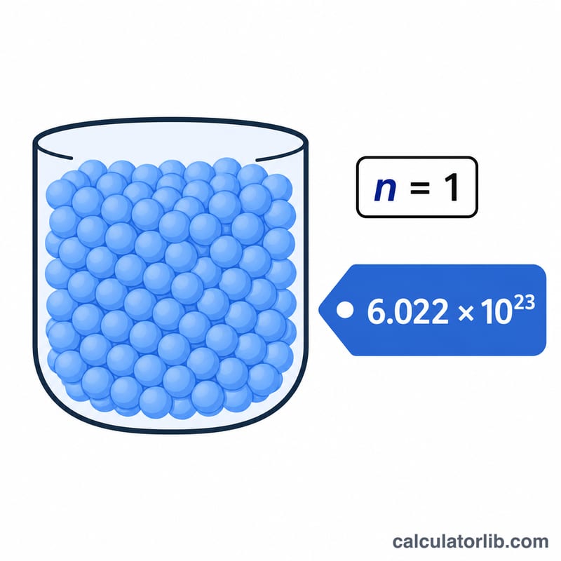 Illustration of one mole containing about 6.022 times ten to the 23 particles