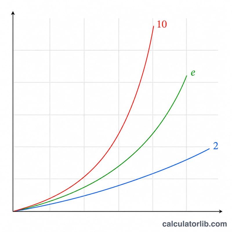 Three exponential curves for base 10, base e, and base 2 rising on the same axes
