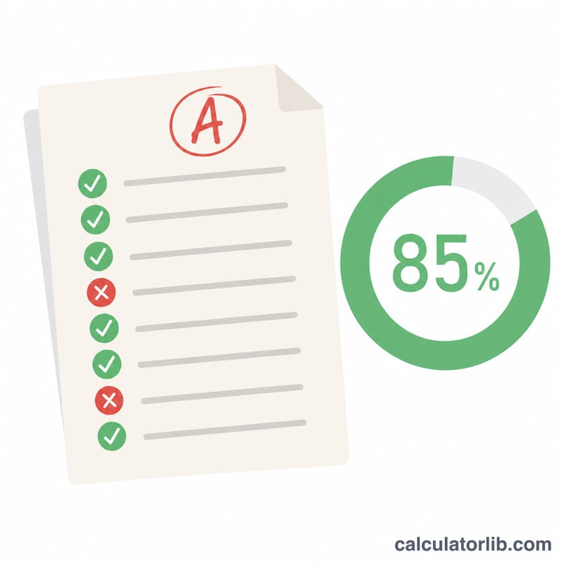 Test paper with correct and incorrect marks next to a score gauge