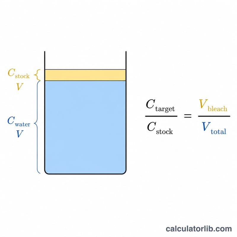 Diagram of the dilution formula relating bleach volume to target ppm, total volume and stock percent