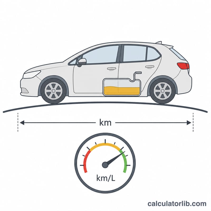 Flat side view of a car with fuel tank and distance odometer indicating fuel economy in kilometers per liter