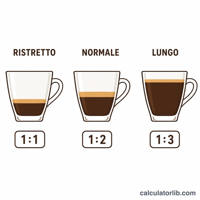 三杯浓缩咖啡对比 ristretto、normale 和 lungo 的萃取比率