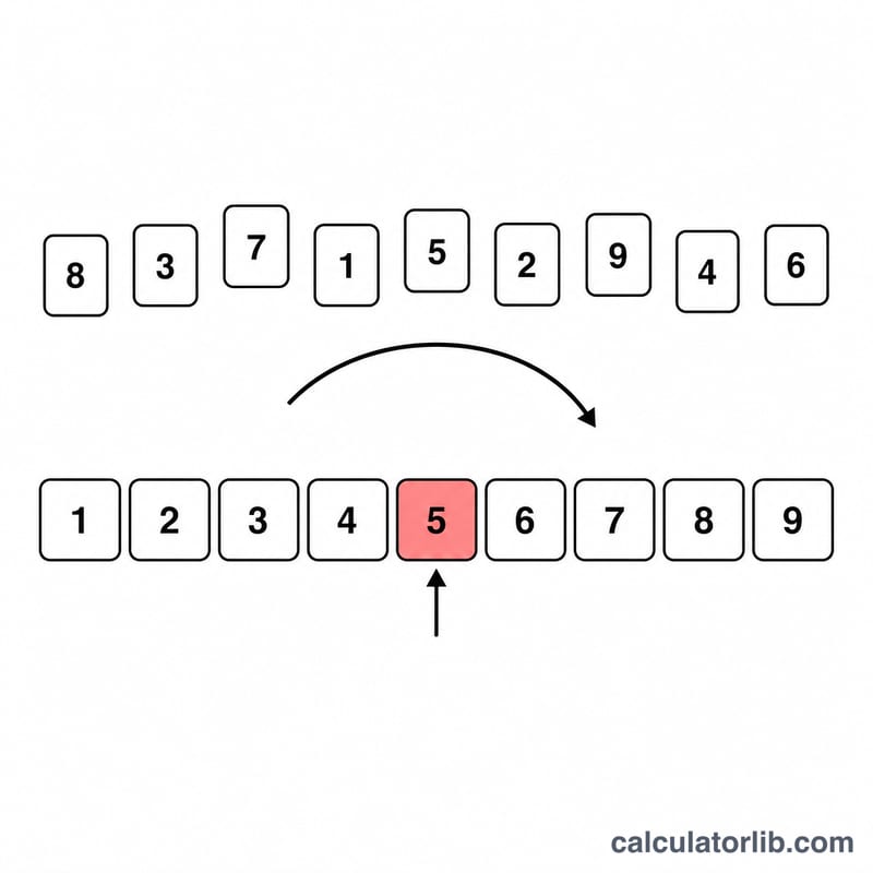 Step diagram showing a sorted list of numbers with the middle value highlighted as the median