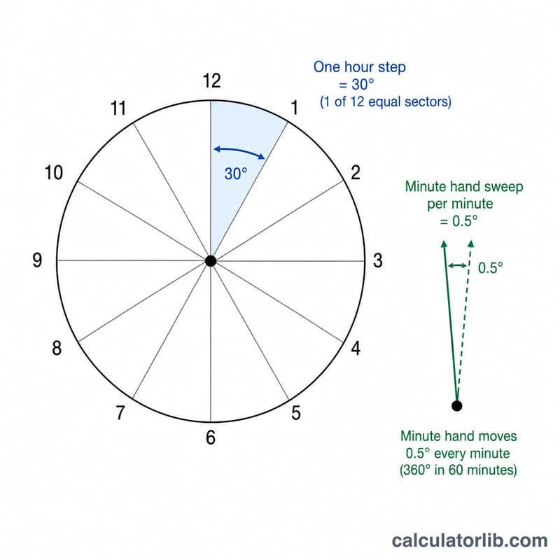 Clock divided into twelve 30-degree sectors illustrating the angle formula