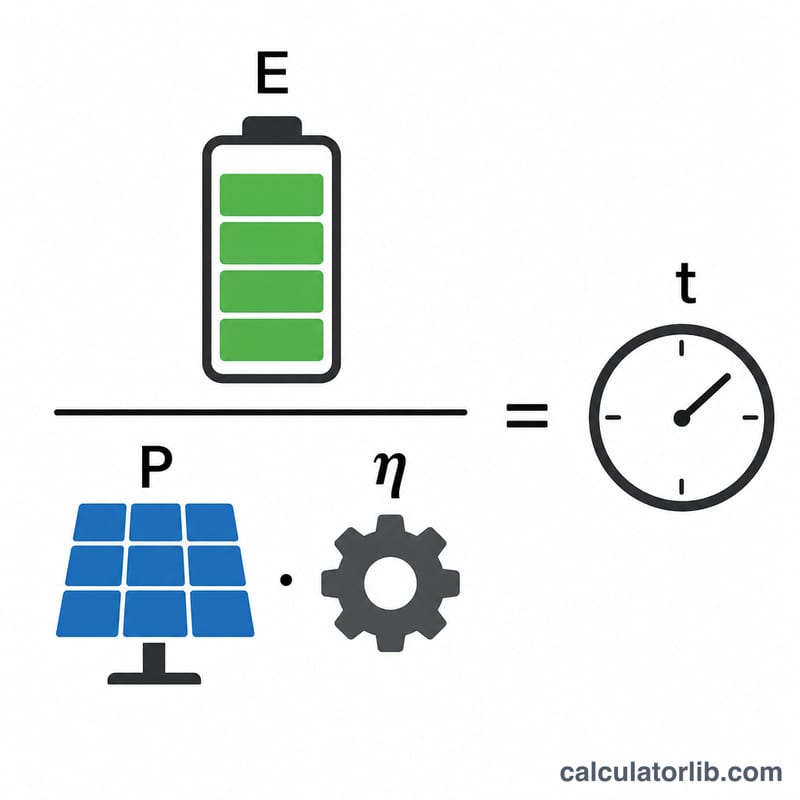 Diagram showing charge time equals battery energy divided by panel power times efficiency