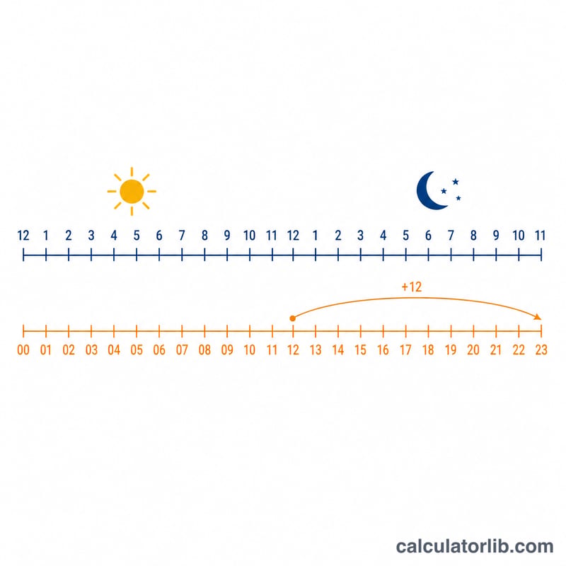 Number line comparing 12-hour and 24-hour time scales
