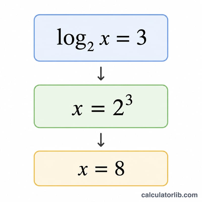 Three-step worked example solving log base 2 of x equals 3 to get x equals 8