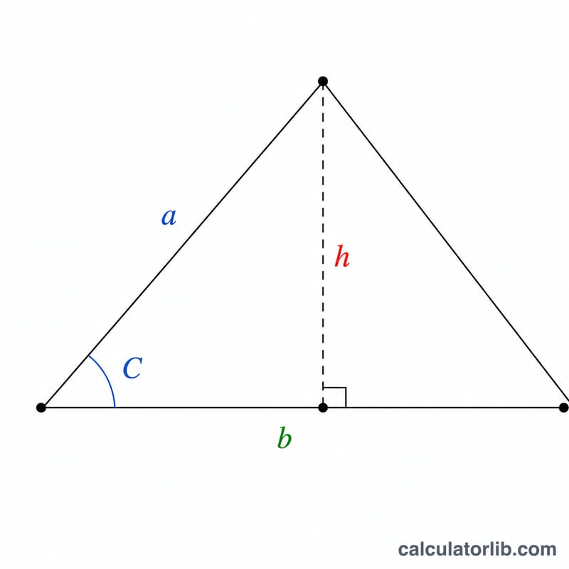 Triangle showing base b, slant side a, and dashed height h equal to a times sine of C