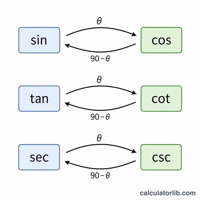Diagram pairing sine with cosine, tangent with cotangent, secant with cosecant via complementary angle