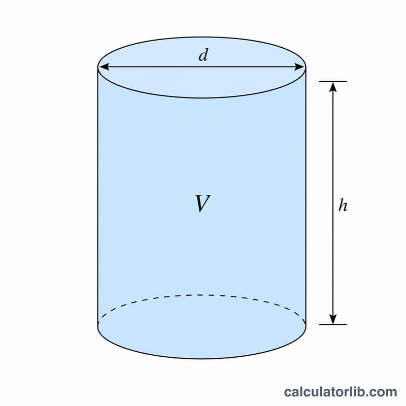Cylinder showing volume V, height h and the derived diameter relationship