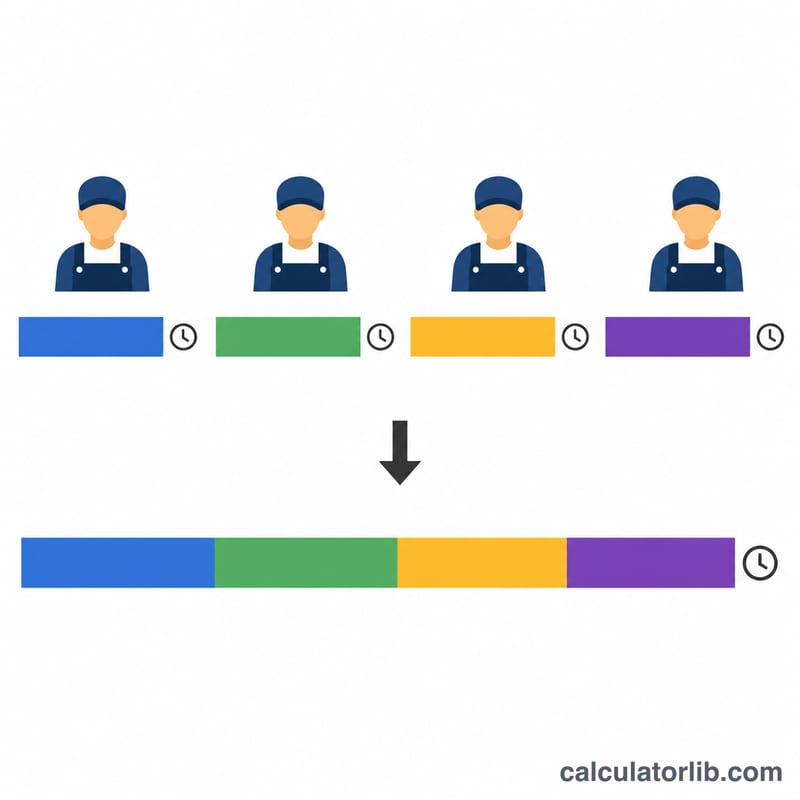 Four workers each contributing equal hours combine into a total labor-hours bar