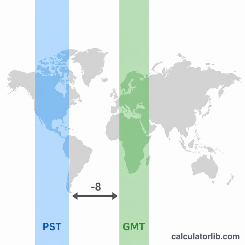 World map highlighting the GMT zone and the Pacific Time zone with an offset bar