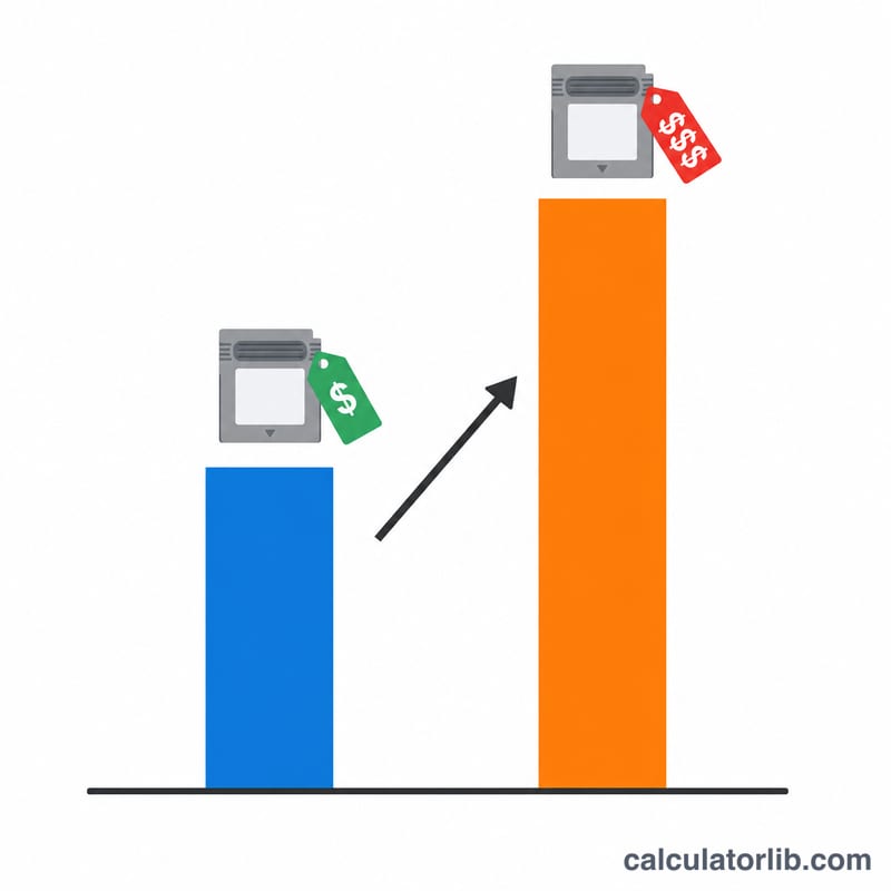 Comparison bar chart of cost per round for two boxes scaled to cost per 100 rounds